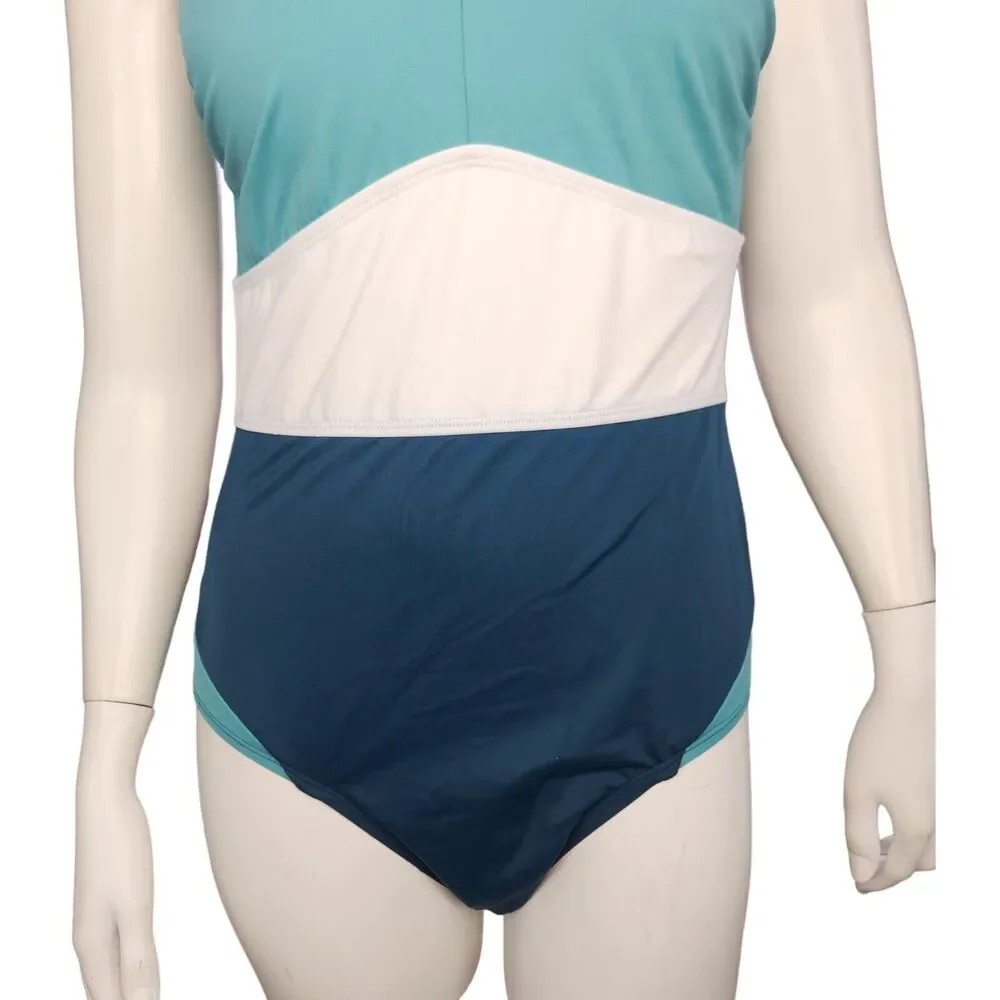 Zuda Colorblocked V-Neck One Piece Womens Swimsuit Teal‎ Blue Size 8 NWOT